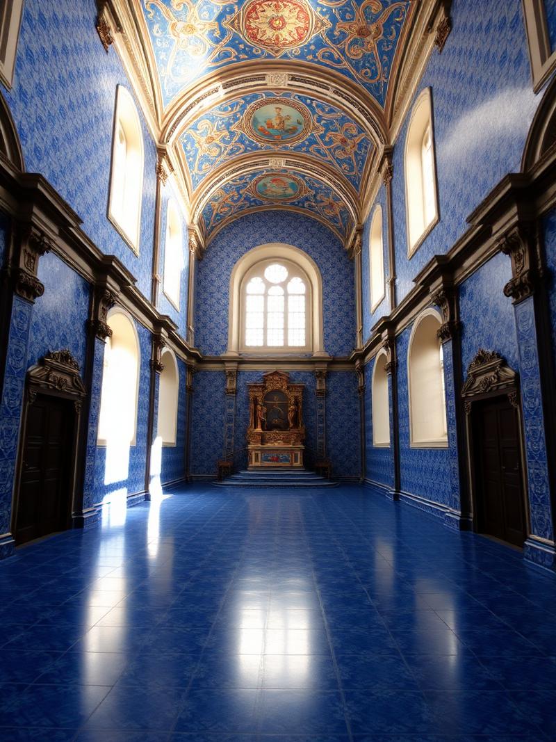 Interior of a Portuguese church covered in blue azulejo tiles