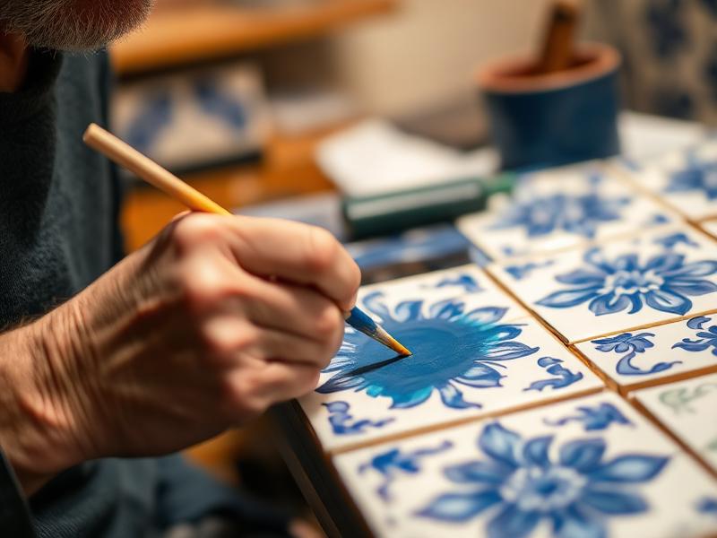 Artisan hand-painting a traditional Portuguese azulejo tile