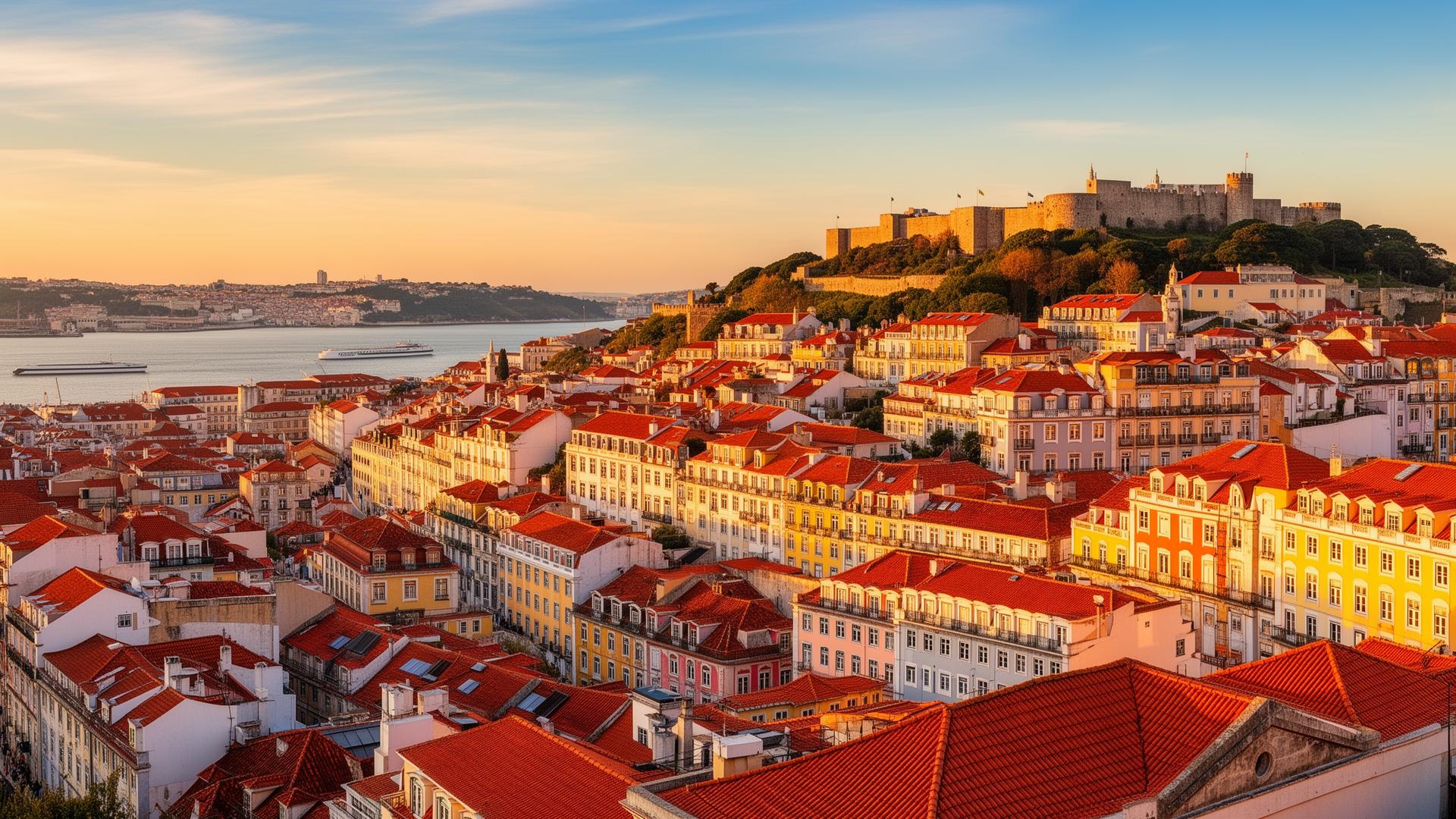 Panoramic view of Lisbon's colorful rooftops at golden hour