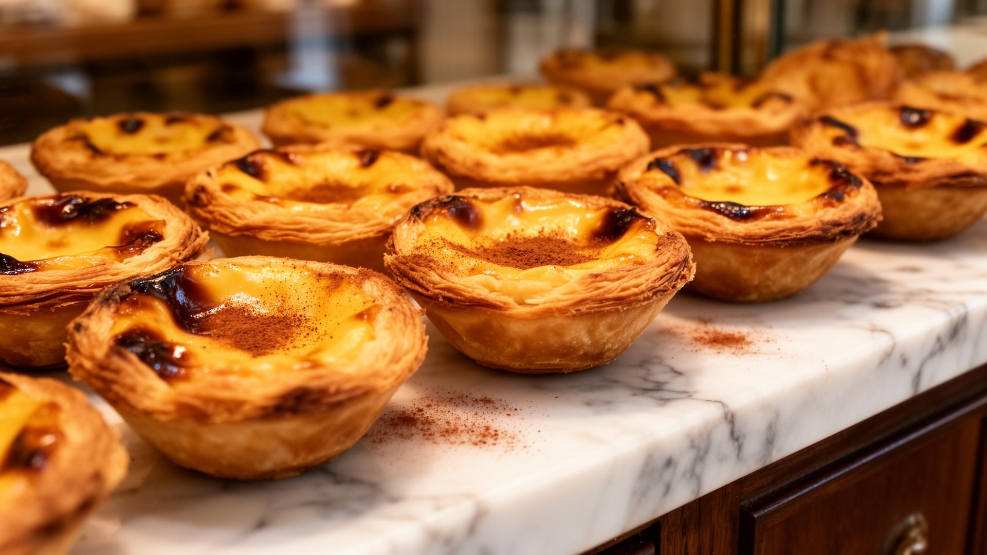 Fresh pastéis de nata custard tarts on a marble counter