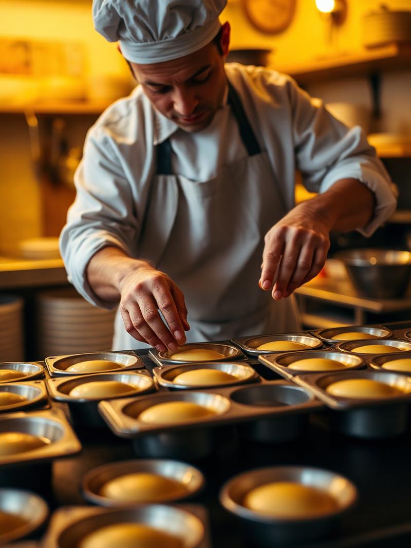Baker preparing pastéis de nata in a traditional Portuguese bakery