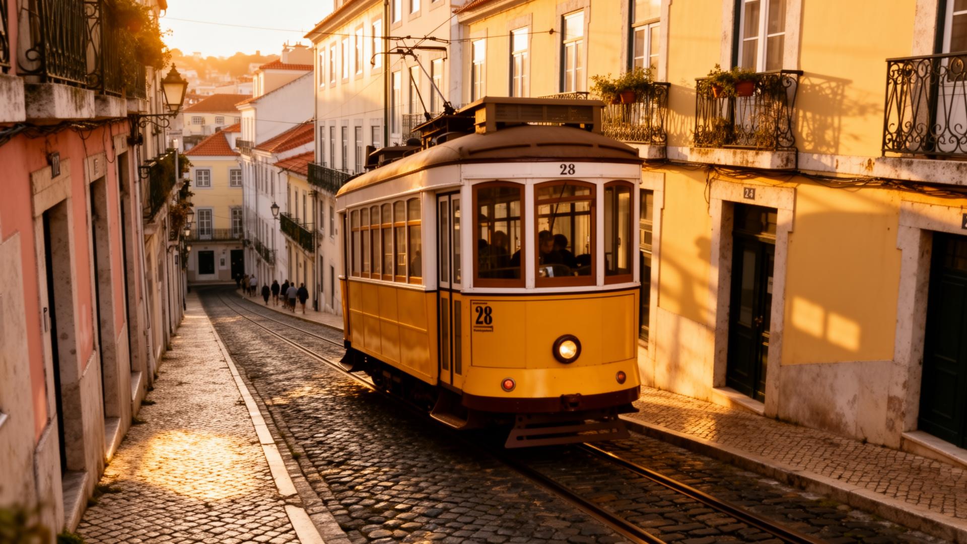 Yellow Tram 28 climbing through Alfama's narrow streets at golden hour