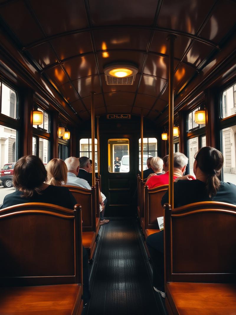 Vintage wooden interior of Tram 28 with passengers