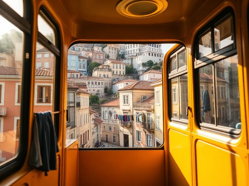 View from inside the tram looking out at Lisbon's colorful hillside